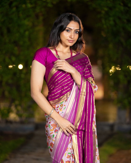 Pure mysore silk saree pastel pink and magenta pink with allover floral digital prints and long zari woven simple border