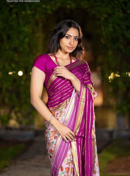 Pure mysore silk saree pastel pink and magenta pink with allover floral digital prints and long zari woven simple border