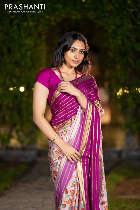 Pure mysore silk saree pastel pink and magenta pink with allover floral digital prints and long zari woven simple border