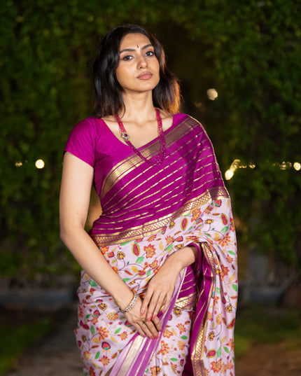 Pure mysore silk saree pastel pink and magenta pink with allover floral digital prints and long zari woven simple border