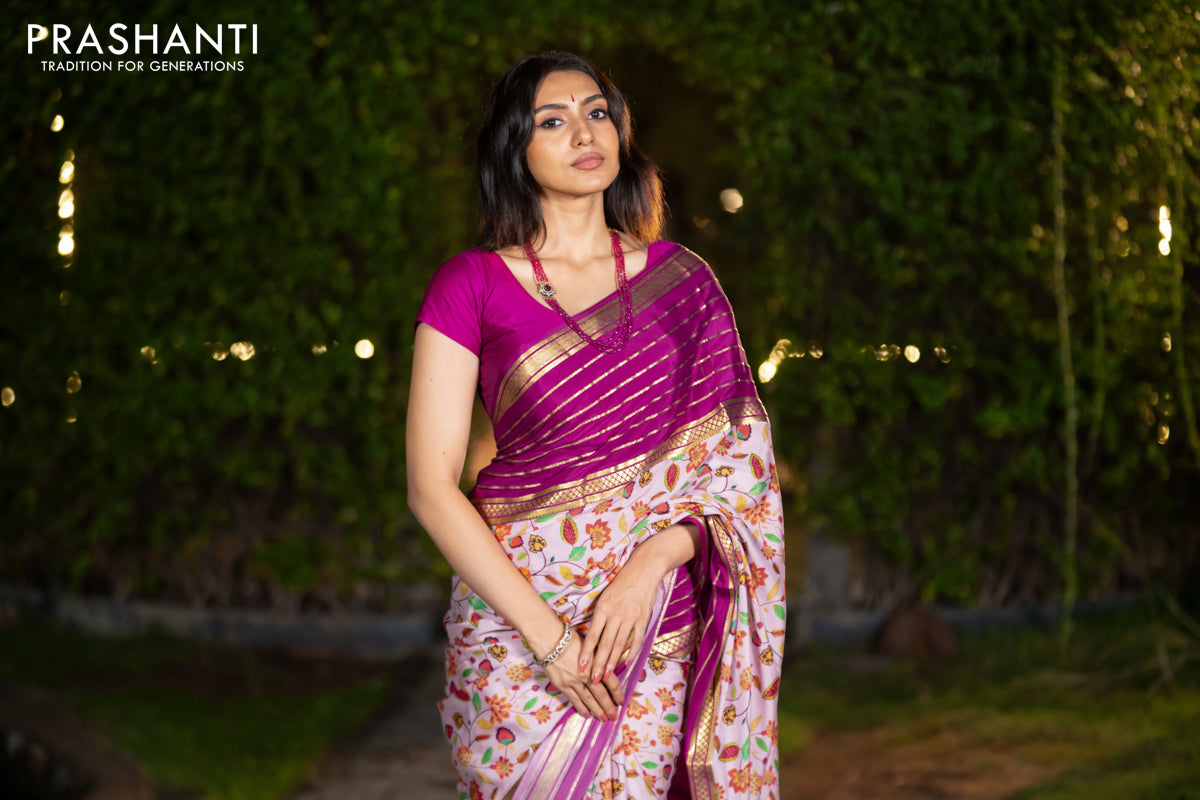 Pure mysore silk saree pastel pink and magenta pink with allover floral digital prints and long zari woven simple border