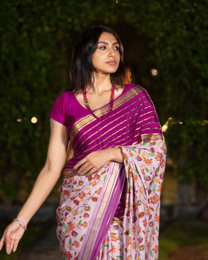 Pure mysore silk saree pastel pink and magenta pink with allover floral digital prints and long zari woven simple border