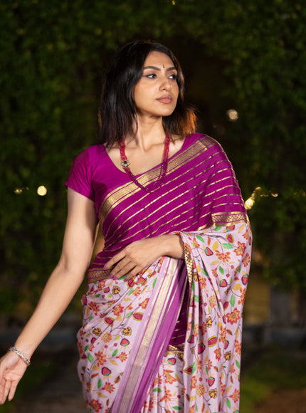 Pure mysore silk saree pastel pink and magenta pink with allover floral digital prints and long zari woven simple border