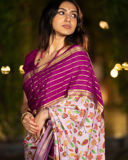 Pure mysore silk saree pastel pink and magenta pink with allover floral digital prints and long zari woven simple border