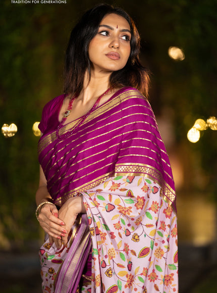 Pure mysore silk saree pastel pink and magenta pink with allover floral digital prints and long zari woven simple border