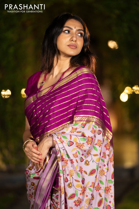 Pure mysore silk saree pastel pink and magenta pink with allover floral digital prints and long zari woven simple border