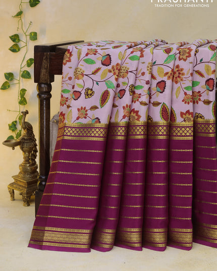 Pure mysore silk saree pastel pink and magenta pink with allover floral digital prints and long zari woven simple border