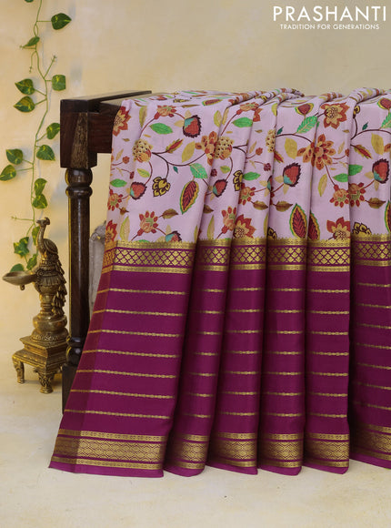 Pure mysore silk saree pastel pink and magenta pink with allover floral digital prints and long zari woven simple border