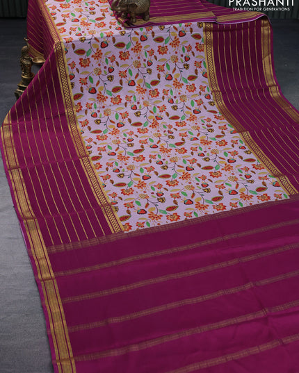 Pure mysore silk saree pastel pink and magenta pink with allover floral digital prints and long zari woven simple border