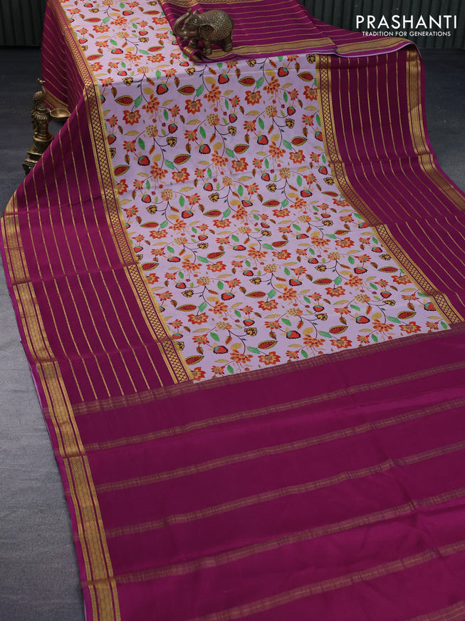 Pure mysore silk saree pastel pink and magenta pink with allover floral digital prints and long zari woven simple border