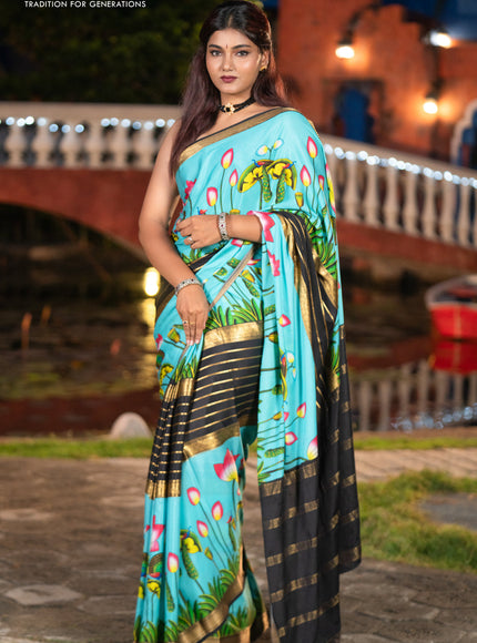 Pure mysore silk saree light blue and black with zari stripes pattern and long zari woven pichwai printed border