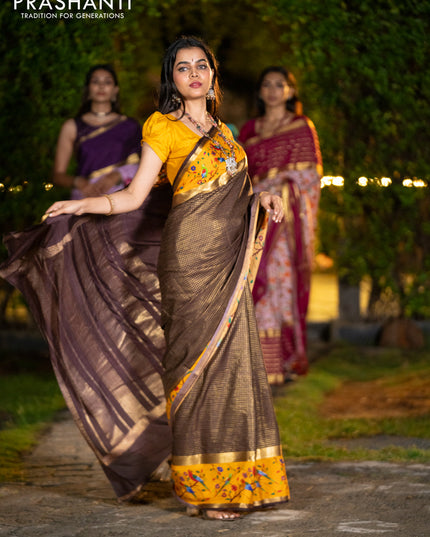 Pure mysore silk saree coffee brown and mustard yellow with allover small checked pattern and rettapet zari woven printed border