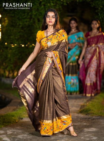 Pure mysore silk saree coffee brown and mustard yellow with allover small checked pattern and rettapet zari woven printed border