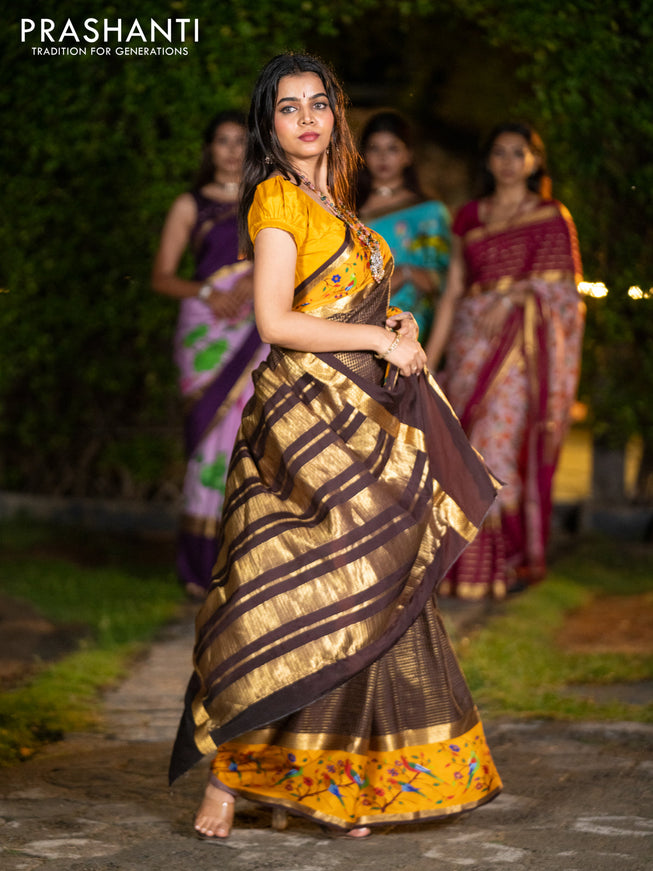 Pure mysore silk saree coffee brown and mustard yellow with allover small checked pattern and rettapet zari woven printed border