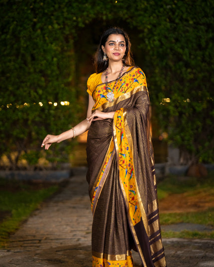 Pure mysore silk saree coffee brown and mustard yellow with allover small checked pattern and rettapet zari woven printed border