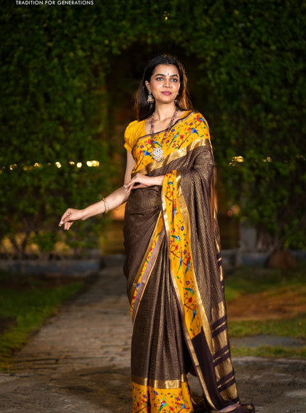 Pure mysore silk saree coffee brown and mustard yellow with allover small checked pattern and rettapet zari woven printed border