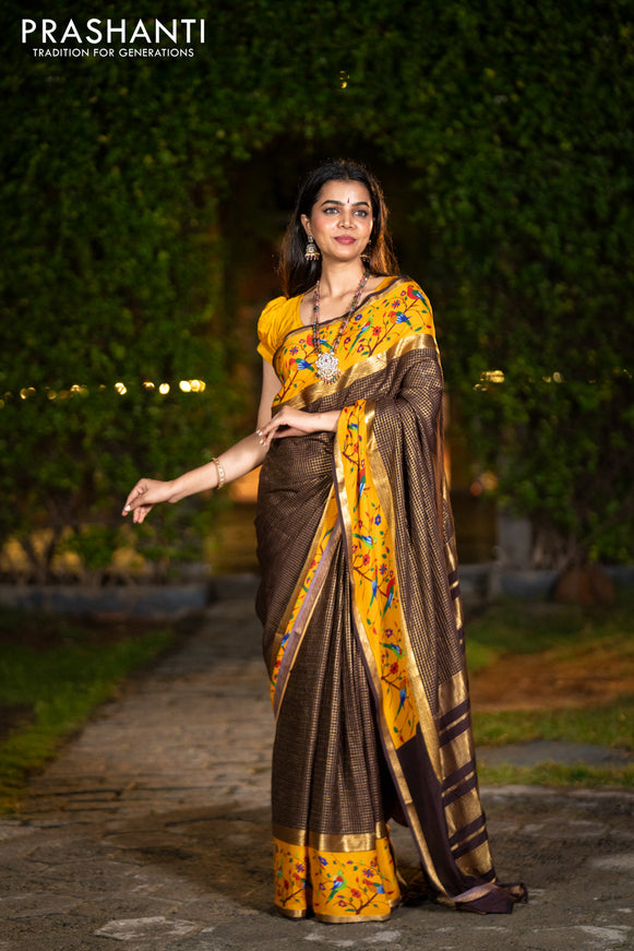 Pure mysore silk saree coffee brown and mustard yellow with allover small checked pattern and rettapet zari woven printed border