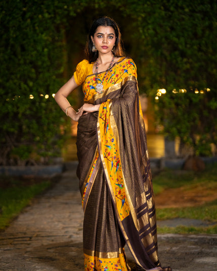 Pure mysore silk saree coffee brown and mustard yellow with allover small checked pattern and rettapet zari woven printed border