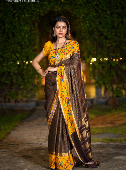 Pure mysore silk saree coffee brown and mustard yellow with allover small checked pattern and rettapet zari woven printed border