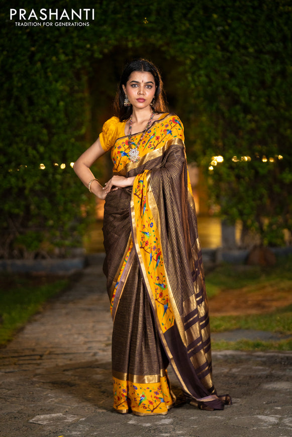 Pure mysore silk saree coffee brown and mustard yellow with allover small checked pattern and rettapet zari woven printed border