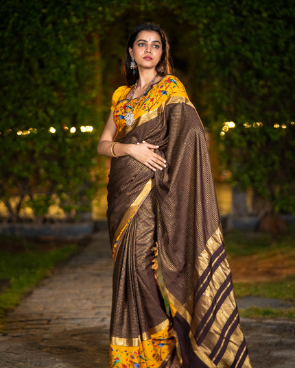 Pure mysore silk saree coffee brown and mustard yellow with allover small checked pattern and rettapet zari woven printed border