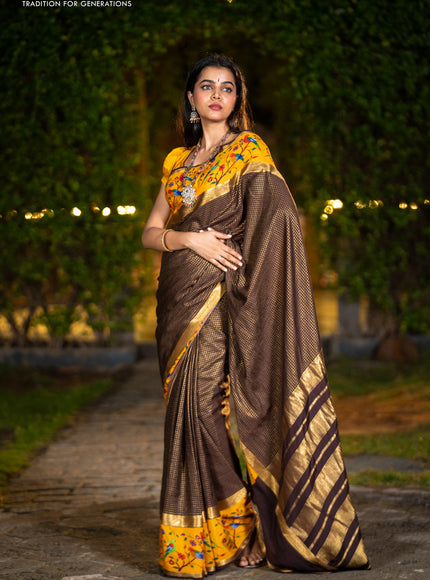 Pure mysore silk saree coffee brown and mustard yellow with allover small checked pattern and rettapet zari woven printed border