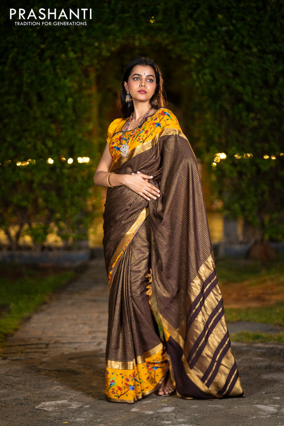 Pure mysore silk saree coffee brown and mustard yellow with allover small checked pattern and rettapet zari woven printed border