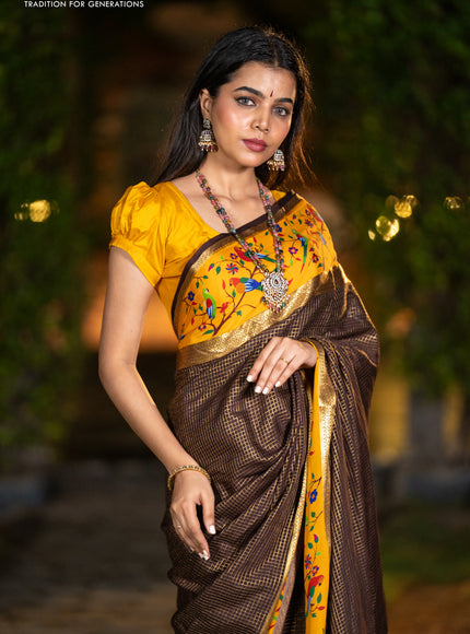 Pure mysore silk saree coffee brown and mustard yellow with allover small checked pattern and rettapet zari woven printed border