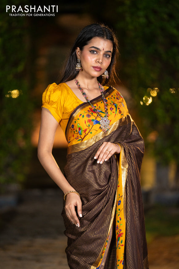 Pure mysore silk saree coffee brown and mustard yellow with allover small checked pattern and rettapet zari woven printed border