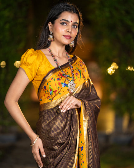 Pure mysore silk saree coffee brown and mustard yellow with allover small checked pattern and rettapet zari woven printed border