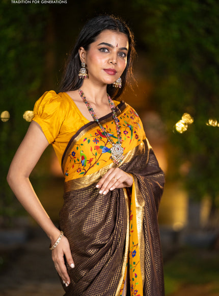 Pure mysore silk saree coffee brown and mustard yellow with allover small checked pattern and rettapet zari woven printed border