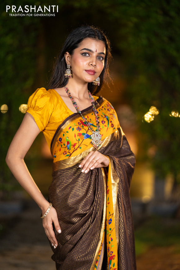 Pure mysore silk saree coffee brown and mustard yellow with allover small checked pattern and rettapet zari woven printed border