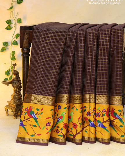 Pure mysore silk saree coffee brown and mustard yellow with allover small checked pattern and rettapet zari woven printed border