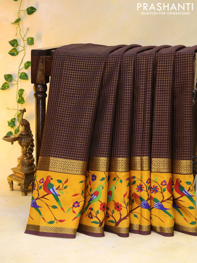 Pure mysore silk saree coffee brown and mustard yellow with allover small checked pattern and rettapet zari woven printed border