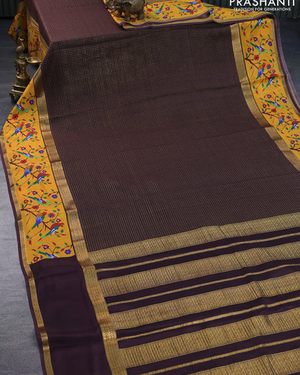 Pure mysore silk saree coffee brown and mustard yellow with allover small checked pattern and rettapet zari woven printed border