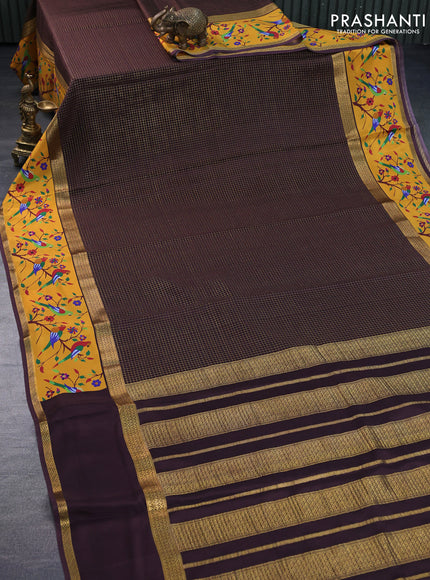 Pure mysore silk saree coffee brown and mustard yellow with allover small checked pattern and rettapet zari woven printed border