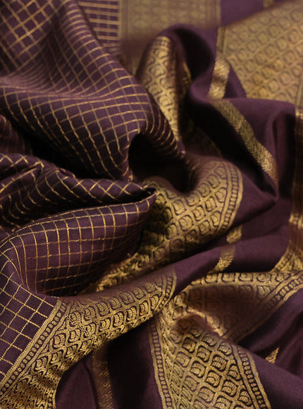 Pure mysore silk saree coffee brown and mustard yellow with allover small checked pattern and rettapet zari woven printed border