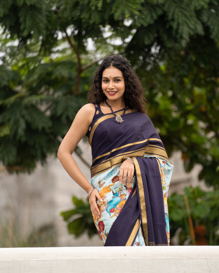 Pure mysore silk saree pastel blue and navy blue with pichwai prints and rettapet zari woven border