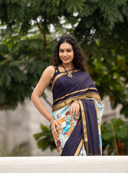 Pure mysore silk saree pastel blue and navy blue with pichwai prints and rettapet zari woven border