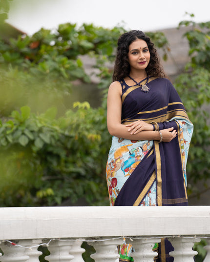 Pure mysore silk saree pastel blue and navy blue with pichwai prints and rettapet zari woven border