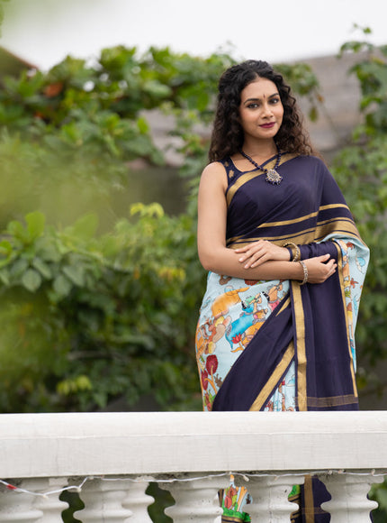 Pure mysore silk saree pastel blue and navy blue with pichwai prints and rettapet zari woven border