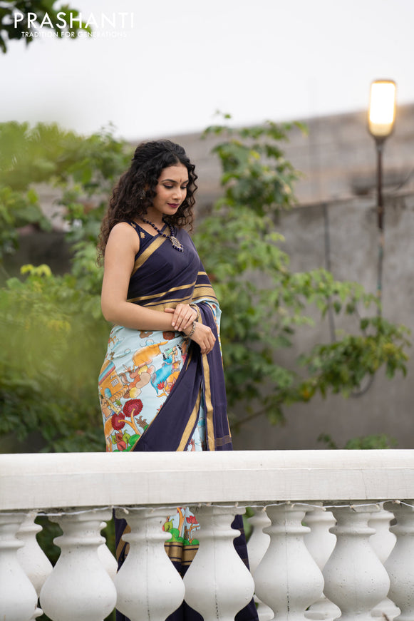 Pure mysore silk saree pastel blue and navy blue with pichwai prints and rettapet zari woven border