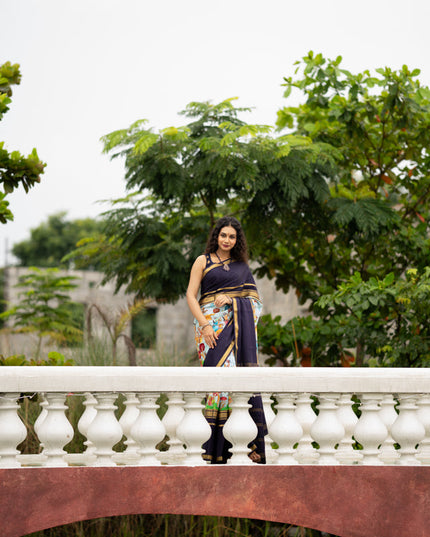 Pure mysore silk saree pastel blue and navy blue with pichwai prints and rettapet zari woven border