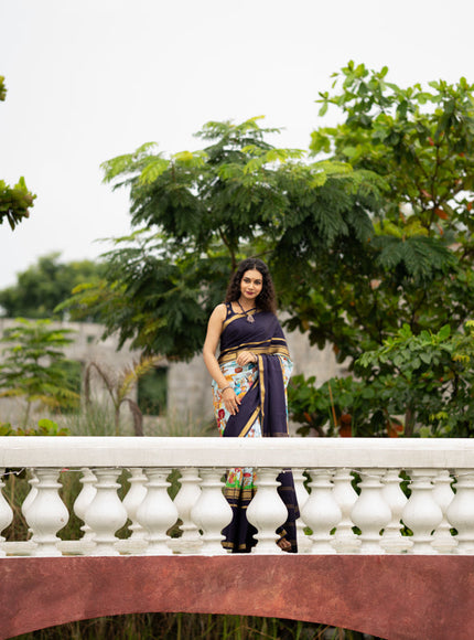 Pure mysore silk saree pastel blue and navy blue with pichwai prints and rettapet zari woven border