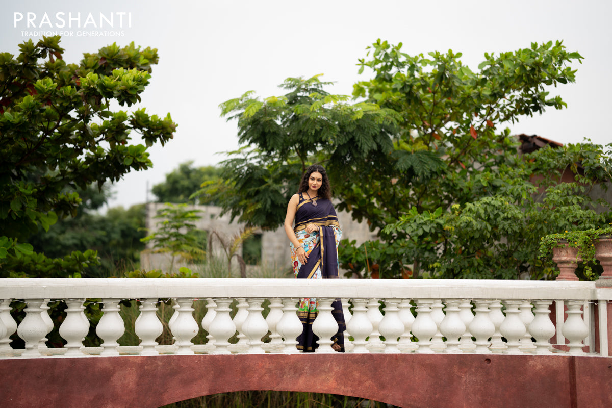 Pure mysore silk saree pastel blue and navy blue with pichwai prints and rettapet zari woven border