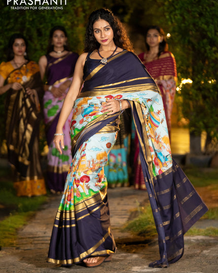 Pure mysore silk saree pastel blue and navy blue with pichwai prints and rettapet zari woven border