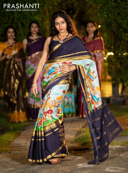 Pure mysore silk saree pastel blue and navy blue with pichwai prints and rettapet zari woven border