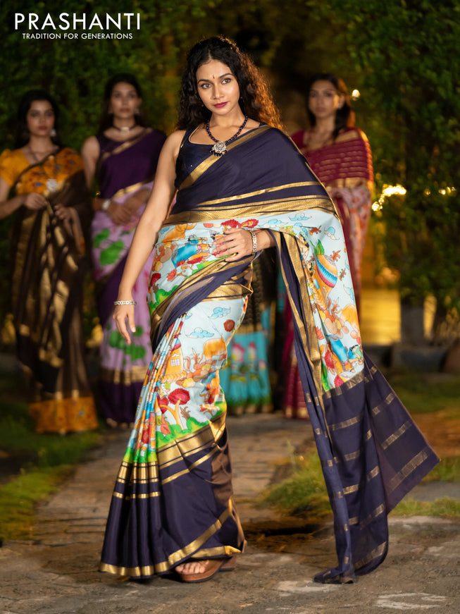 Pure mysore silk saree pastel blue and navy blue with pichwai prints and rettapet zari woven border