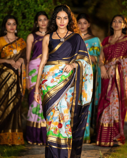 Pure mysore silk saree pastel blue and navy blue with pichwai prints and rettapet zari woven border