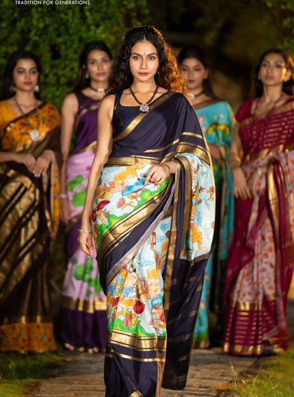 Pure mysore silk saree pastel blue and navy blue with pichwai prints and rettapet zari woven border